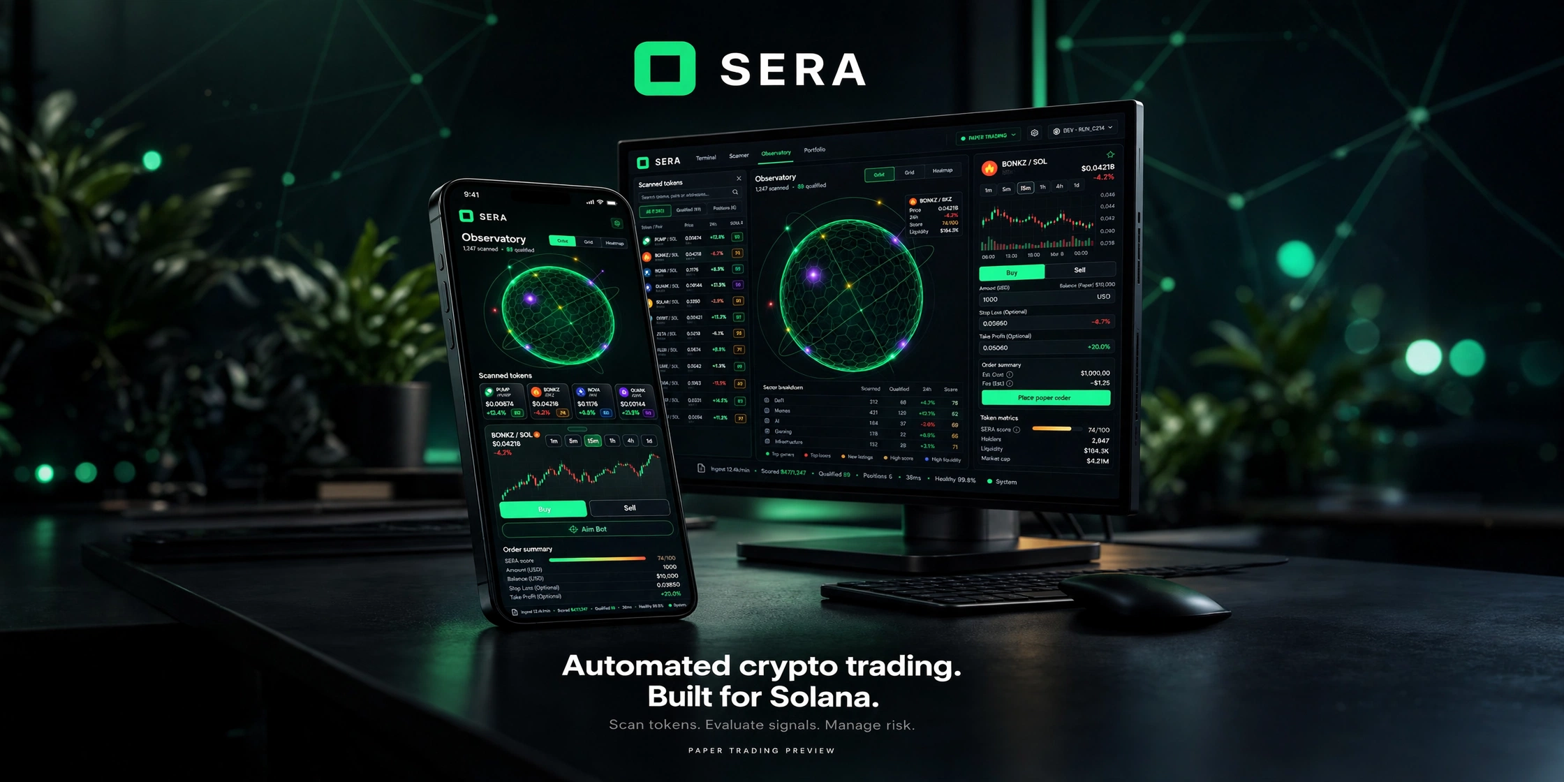 SERA Trading paper trading preview on a desktop monitor and phone, showing the token Observatory, scanned tokens, a price chart and an order panel.